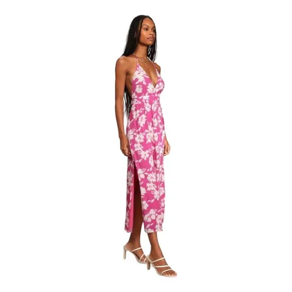 Lulu's XL Follow The Summer Pink Floral Halter Side Slit Midi Dress - Picture 2 of 10